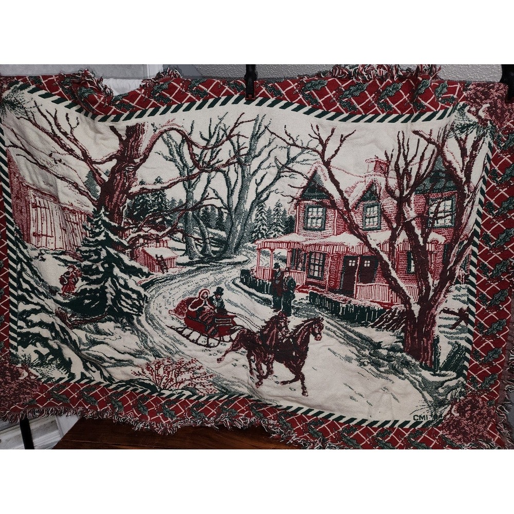 Beautiful Winter Scene Woven Blanket Horse Sled Barn Snow